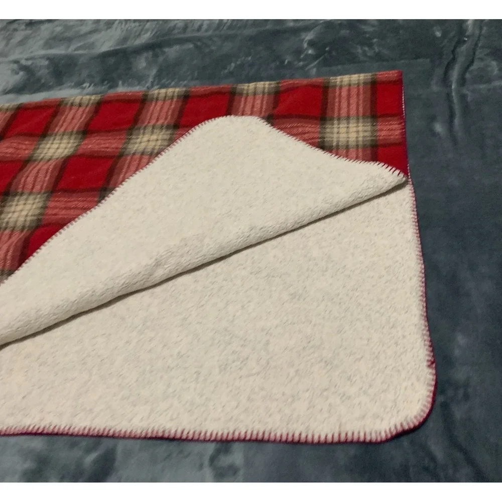 ABW Plaid Throw Blanket Sherpa Lined Red Beige Brown Star Patch‎ USA Made Cozy